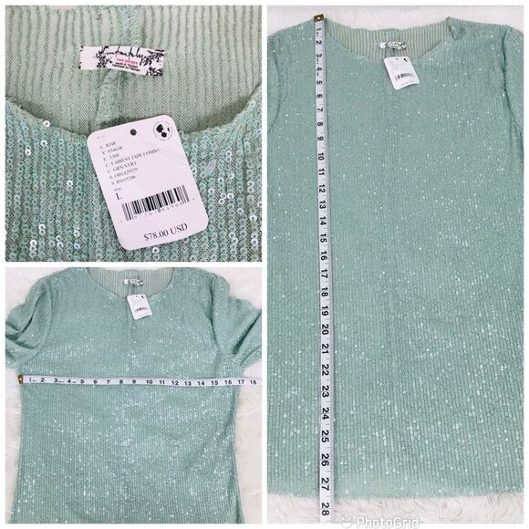 FREE PEOPLE Gold Rush Sequin Long Sleeve Top Tee Mint Green Medium Large New - Picture 11 of 11
